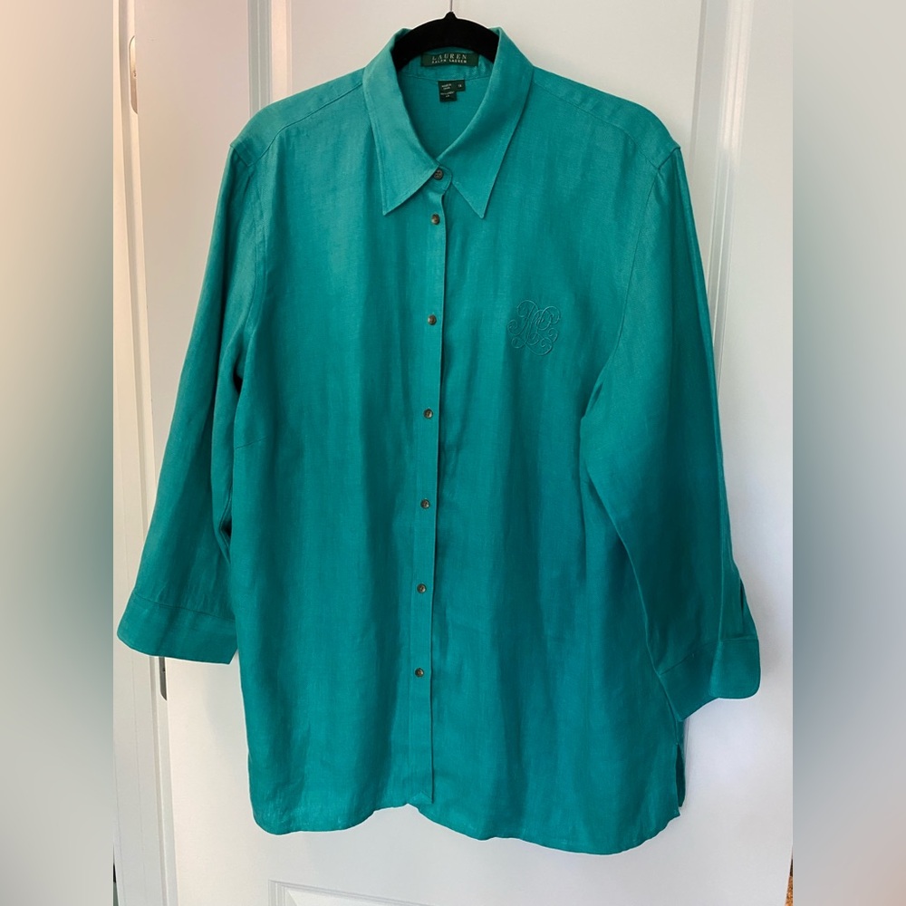 Lauren Ralph Lauren Embroidered Teal Women's Linen Button Down Shirt Size 1X - Picture 5 of 7